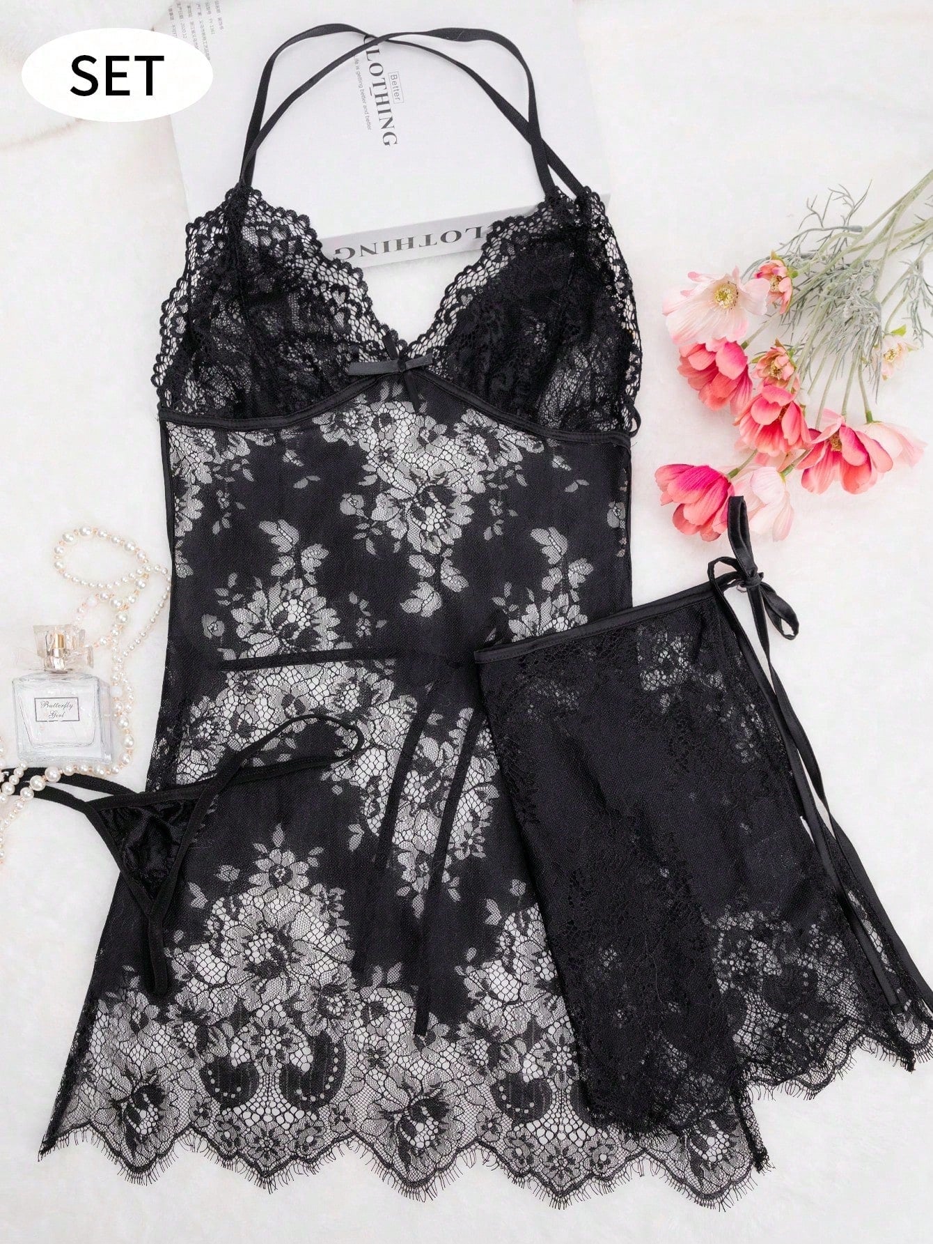Sheer Lace Nightgown Lingerie Set - Negative Apparel