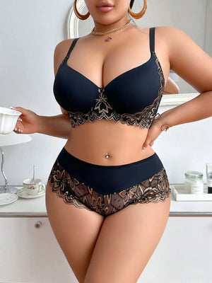 SHEIN 2pcs/Set Plus Size Lingerie Set, Lift & Support Bra With Sexy Lace Patchwork Design And Matching Panty - Negative Apparel