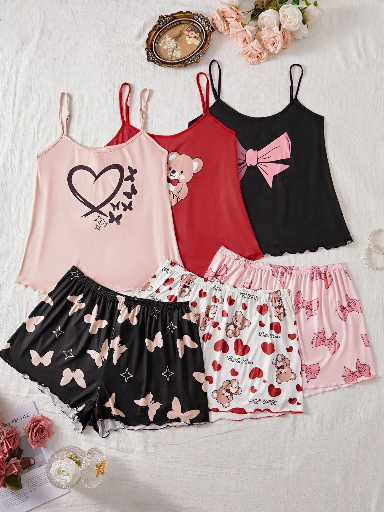 SHEIN 3pcs Plus Size Printed Camisole & Shorts Pajama Set - Negative Apparel