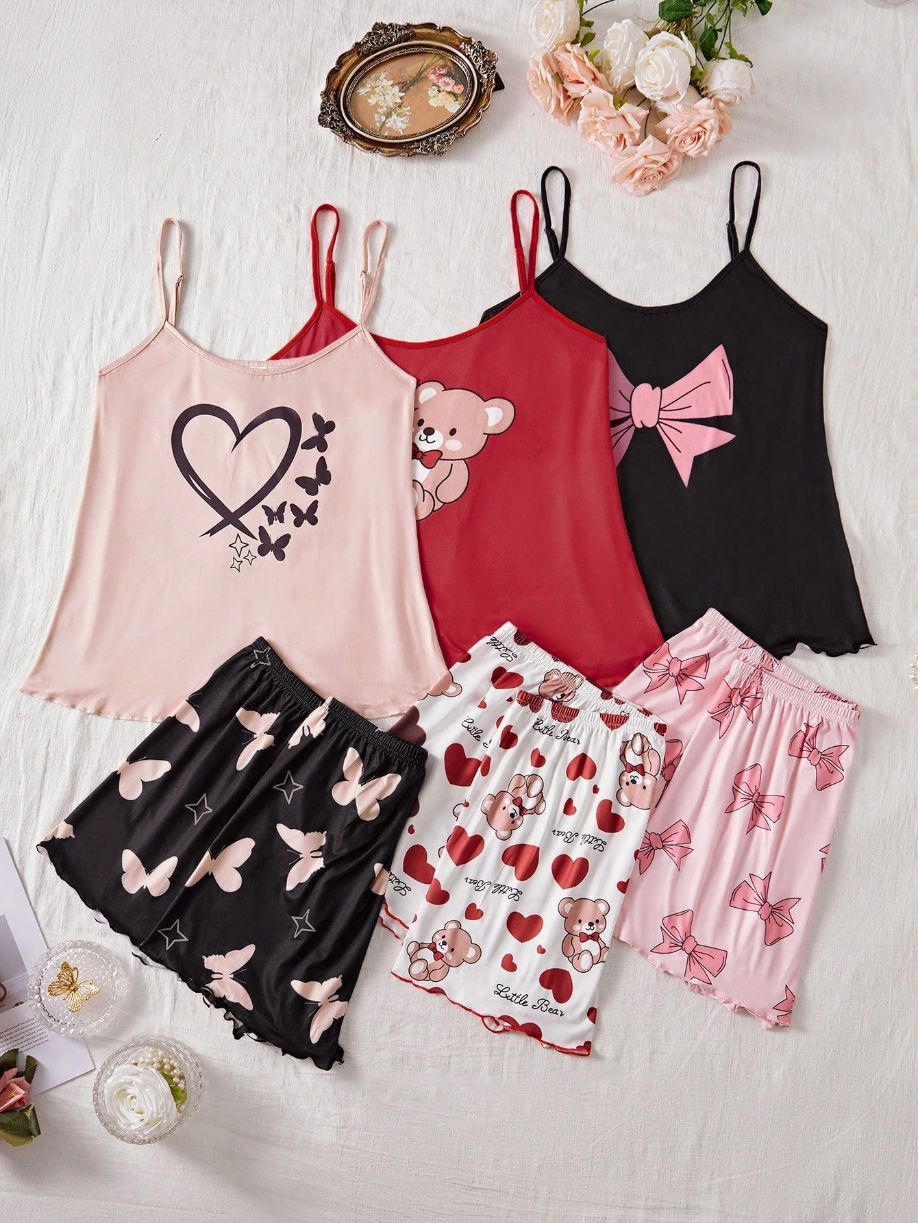 SHEIN 3pcs Plus Size Printed Camisole & Shorts Pajama Set - Negative Apparel