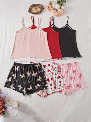 SHEIN 3pcs Plus Size Printed Camisole & Shorts Pajama Set - Negative Apparel