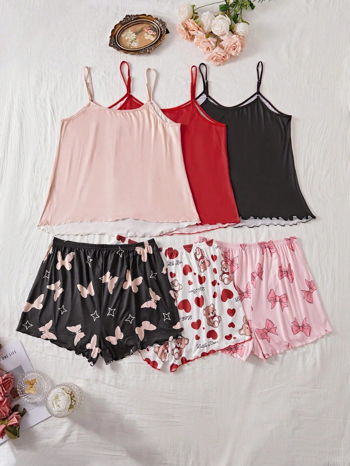SHEIN 3pcs Plus Size Printed Camisole & Shorts Pajama Set - Negative Apparel