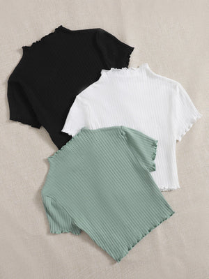 SHEIN 3pcs Solid Rib-knit Frill Tee - Negative Apparel