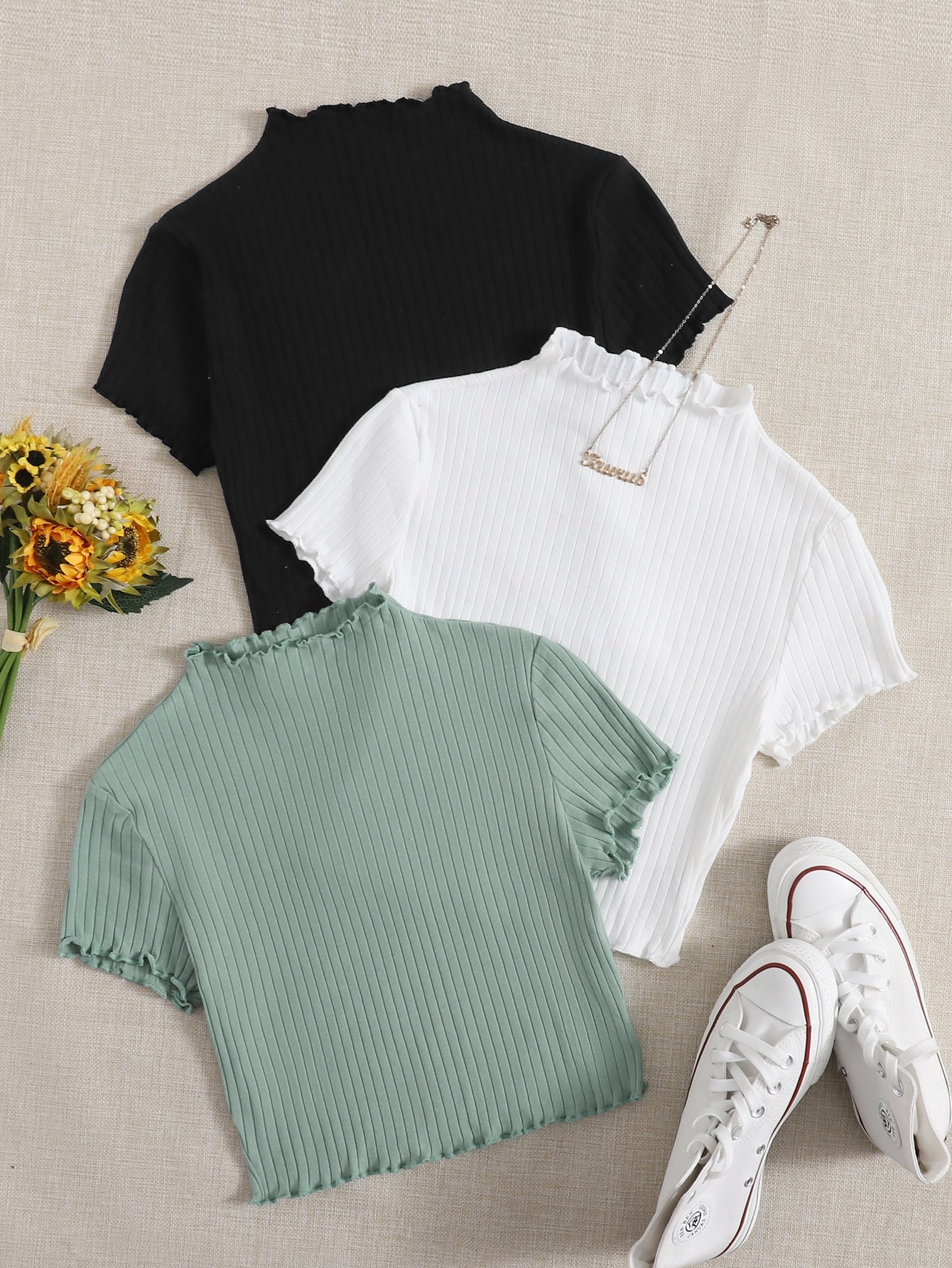 SHEIN 3pcs Solid Rib-knit Frill Tee - Negative Apparel