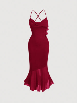 SHEIN Asymmetric Collar Fish Tail Halterneck Dress - Negative Apparel
