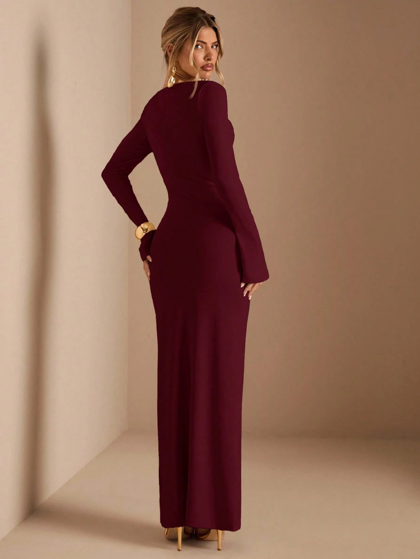 SHEIN BAE Apricot Long Sleeve Knitted Ruched Waist Twist Hem Straight Dress, Elegant Dress, Date Dress, Bridesmaid Dress, Birthday Party Dress, Apricot Color Dress, Autumn/Winter Layering Dress,Red Dresses For Women,Women Elegant Dress Marroon Dress - Negative Apparel