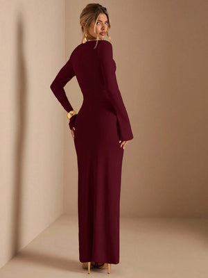 SHEIN BAE Apricot Long Sleeve Knitted Ruched Waist Twist Hem Straight Dress, Elegant Dress, Date Dress, Bridesmaid Dress, Birthday Party Dress, Apricot Color Dress, Autumn/Winter Layering Dress,Red Dresses For Women,Women Elegant Dress Marroon Dress - Negative Apparel