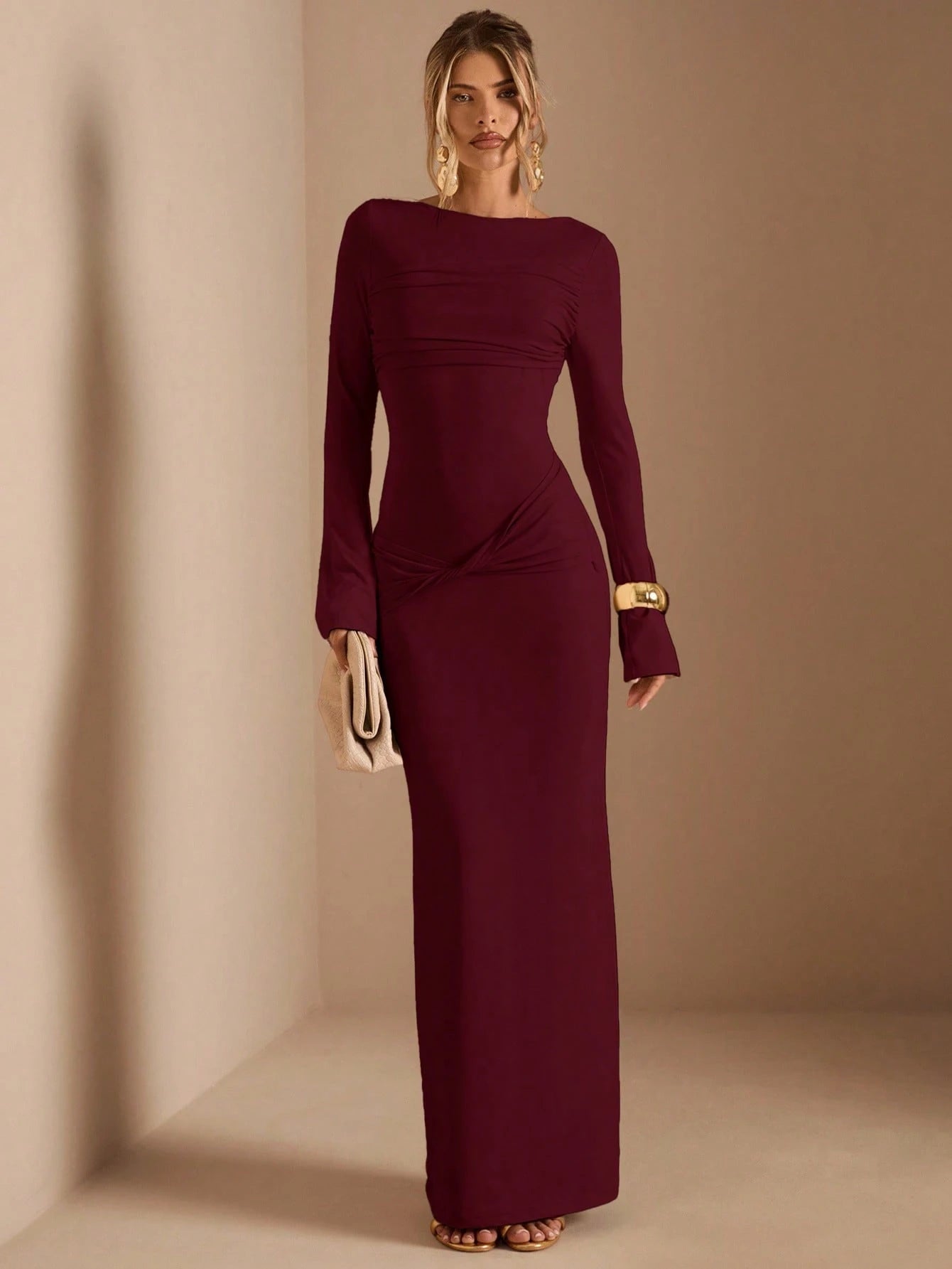 SHEIN BAE Apricot Long Sleeve Knitted Ruched Waist Twist Hem Straight Dress, Elegant Dress, Date Dress, Bridesmaid Dress, Birthday Party Dress, Apricot Color Dress, Autumn/Winter Layering Dress,Red Dresses For Women,Women Elegant Dress Marroon Dress - Negative Apparel