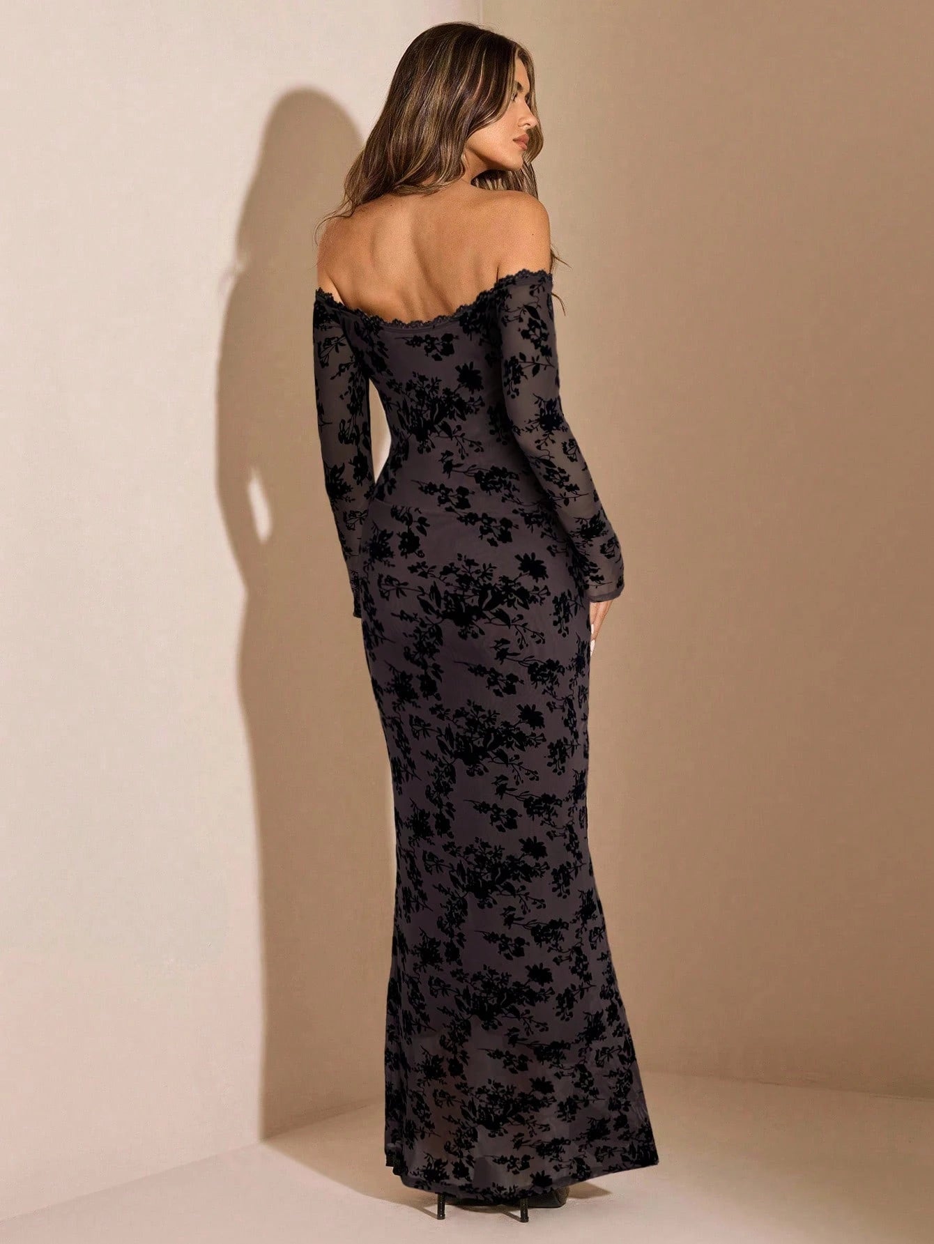 SHEIN BAE Black Flocked Off Shoulder Long Sleeve Bodycon Dress, Suitable For Autumn/Winter, Birthday, Party, Events, Layering - Negative Apparel