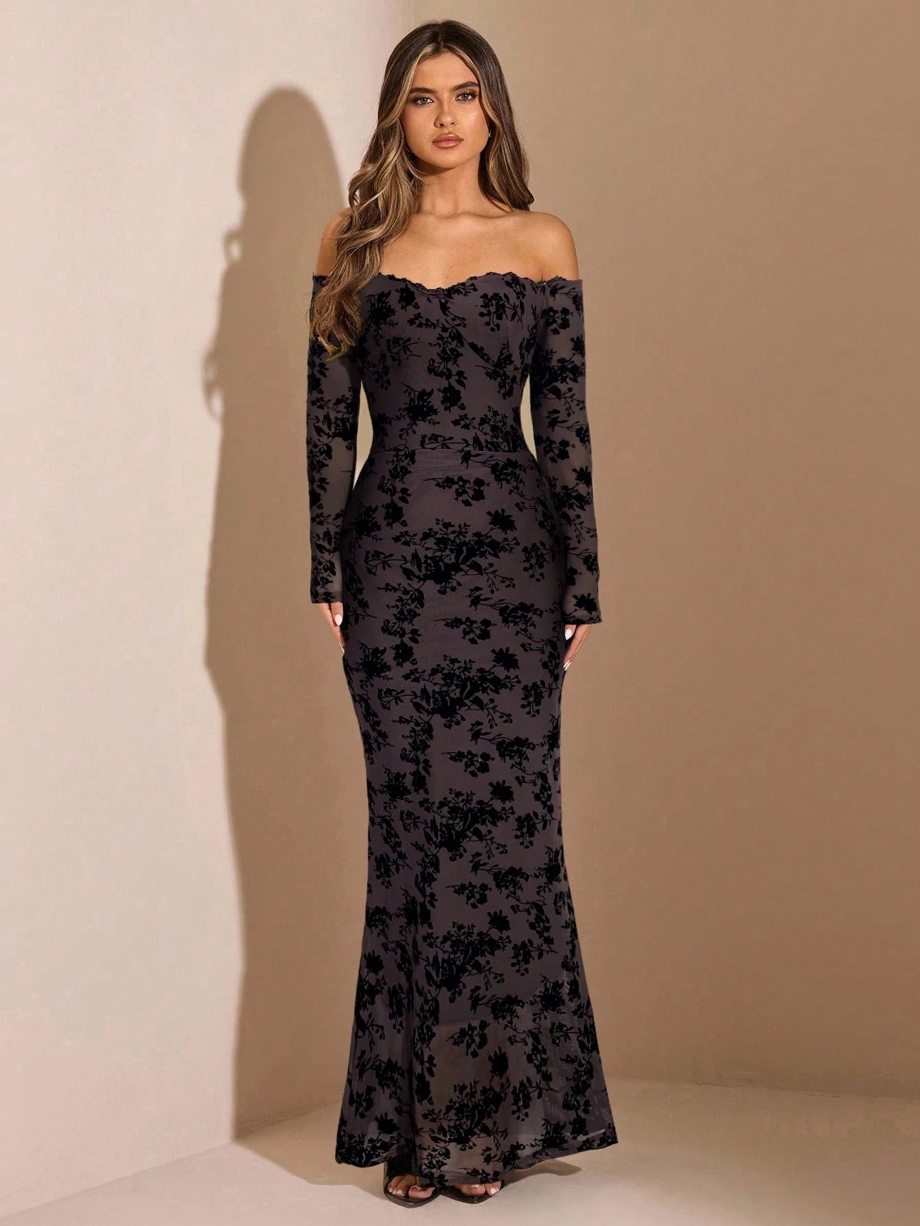 SHEIN BAE Black Flocked Off Shoulder Long Sleeve Bodycon Dress, Suitable For Autumn/Winter, Birthday, Party, Events, Layering - Negative Apparel