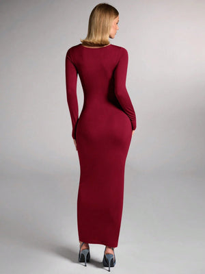 SHEIN BAE Women Fall/Winter Elegant Brown Ruched Four - Sided Stretch Knit Fitted Long Sleeve Dress FD - Negative Apparel