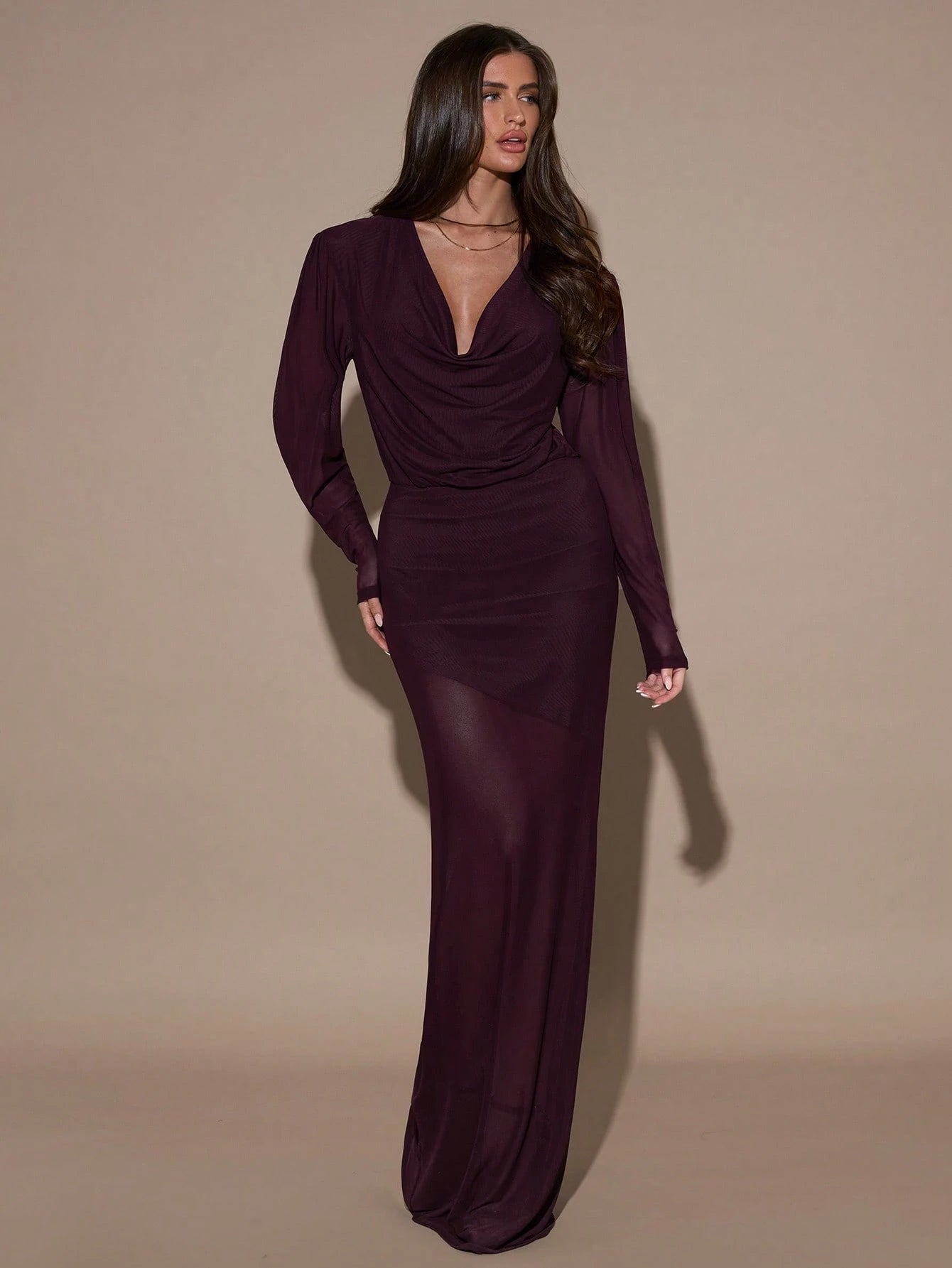 SHEIN BAE Women's Solid Color Draped Neck Long Sleeve Fitted Dress,Purple Halter Neck Long - Sleeved Dress FD - Negative Apparel