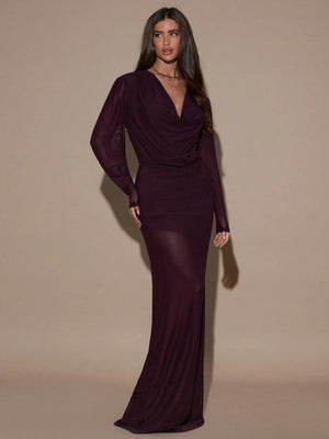 SHEIN BAE Women's Solid Color Draped Neck Long Sleeve Fitted Dress,Purple Halter Neck Long - Sleeved Dress FD - Negative Apparel