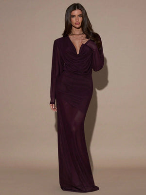 SHEIN BAE Women's Solid Color Draped Neck Long Sleeve Fitted Dress,Purple Halter Neck Long - Sleeved Dress FD - Negative Apparel