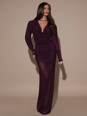 SHEIN BAE Women's Solid Color Draped Neck Long Sleeve Fitted Dress,Purple Halter Neck Long - Sleeved Dress FD - Negative Apparel