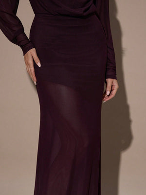 SHEIN BAE Women's Solid Color Draped Neck Long Sleeve Fitted Dress,Purple Halter Neck Long - Sleeved Dress FD - Negative Apparel