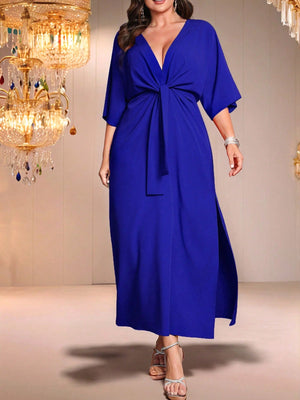 SHEIN Belle Long Waist Cinched Solid Color Simple Stylish Casual Everyday Dress - Negative Apparel
