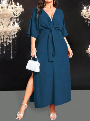 SHEIN Belle Long Waist Cinched Solid Color Simple Stylish Casual Everyday Dress - Negative Apparel