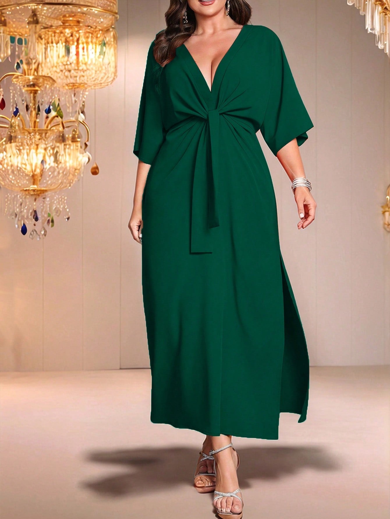 SHEIN Belle Long Waist Cinched Solid Color Simple Stylish Casual Everyday Dress - Negative Apparel