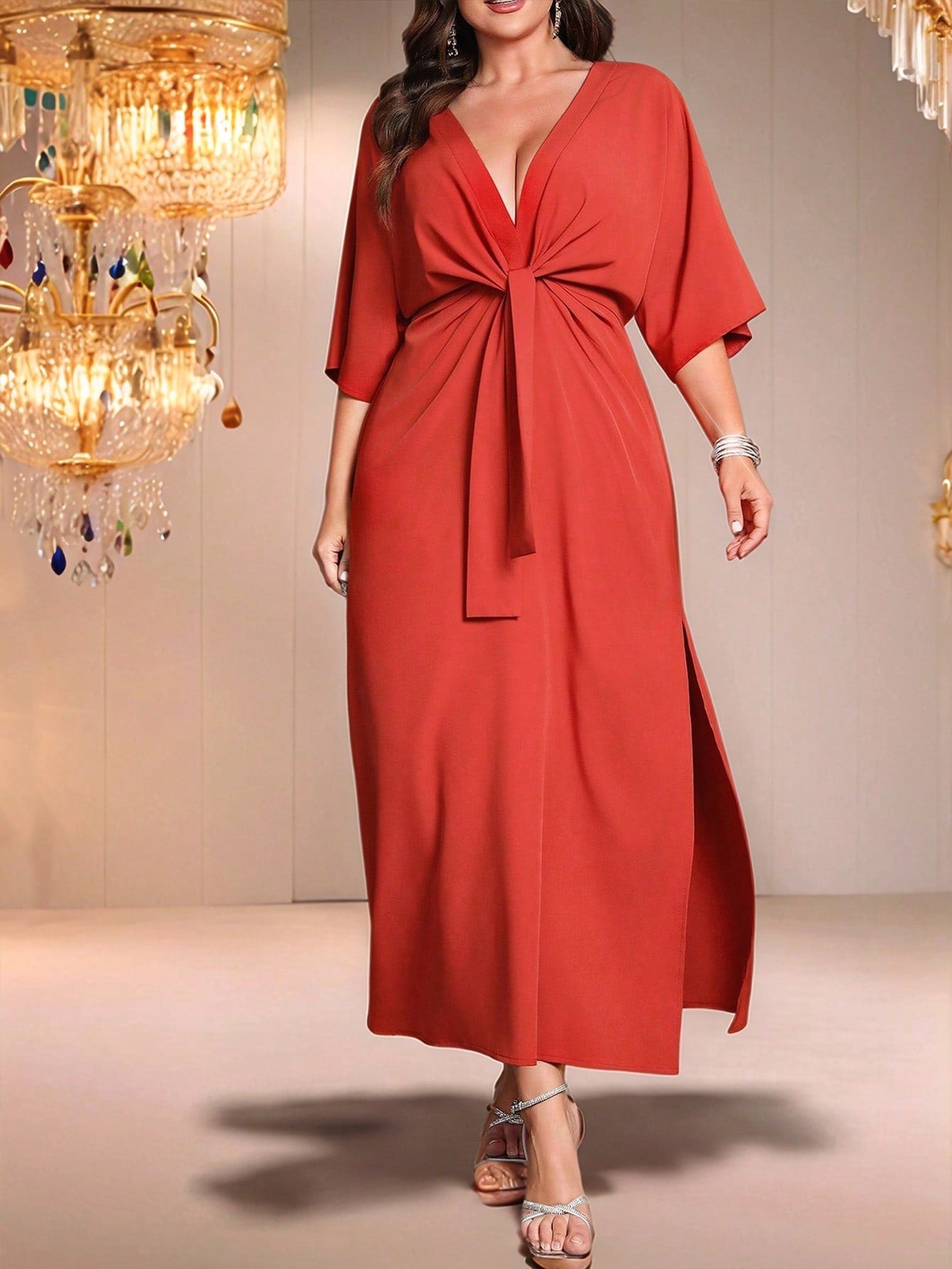 SHEIN Belle Long Waist Cinched Solid Color Simple Stylish Casual Everyday Dress - Negative Apparel