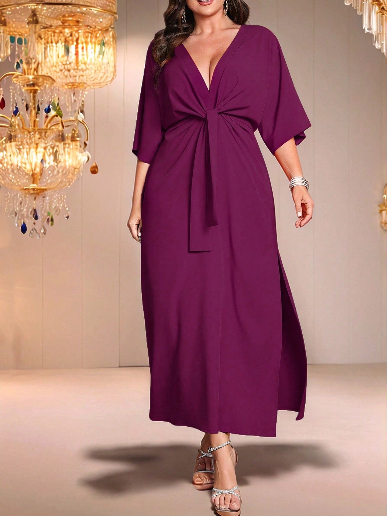 SHEIN Belle Long Waist Cinched Solid Color Simple Stylish Casual Everyday Dress - Negative Apparel