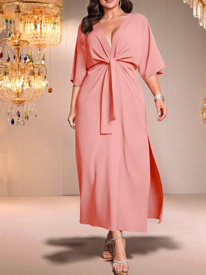 SHEIN Belle Long Waist Cinched Solid Color Simple Stylish Casual Everyday Dress - Negative Apparel