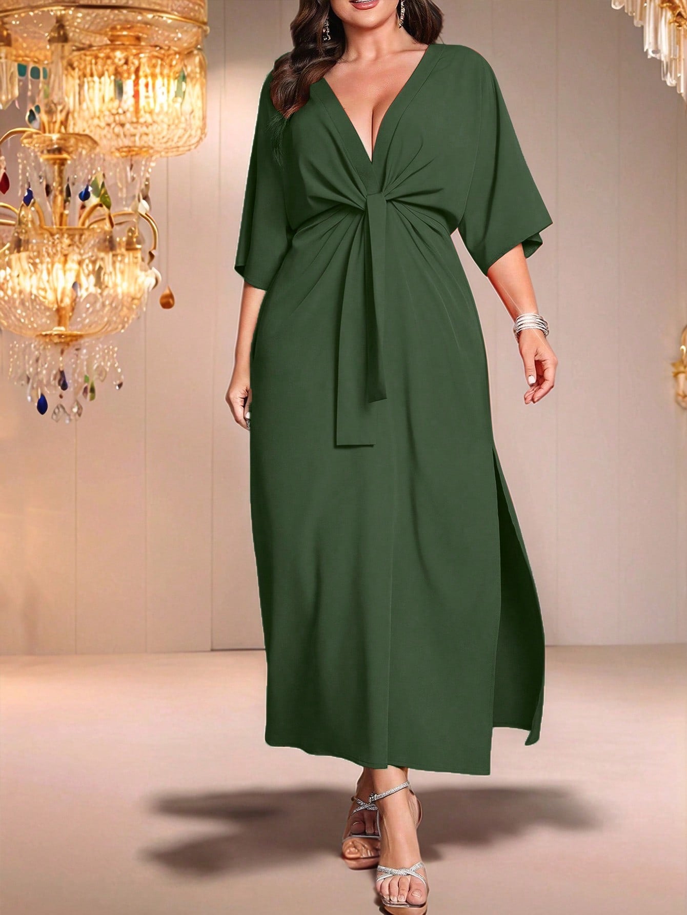 SHEIN Belle Long Waist Cinched Solid Color Simple Stylish Casual Everyday Dress - Negative Apparel