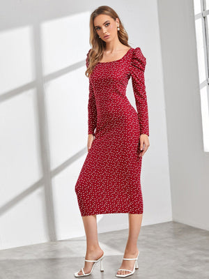 SHEIN BIZwear Confetti Heart Print Gigot Sleeve Dress Without Belt Workwear - Negative Apparel