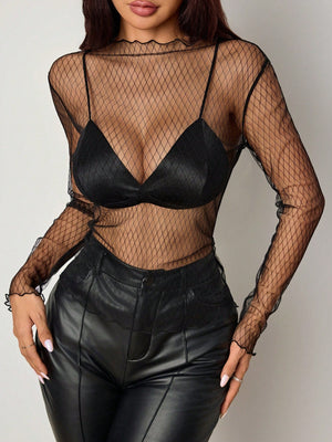 SHEIN Clasi Ladies' Stand Collar Sheer Floral Print Long Sleeve Blouse - Negative Apparel