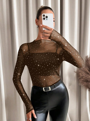 SHEIN Clasi Ladies' Stand Collar Sheer Floral Print Long Sleeve Blouse - Negative Apparel