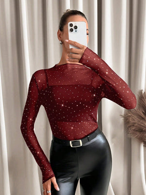 SHEIN Clasi Ladies' Stand Collar Sheer Floral Print Long Sleeve Blouse - Negative Apparel