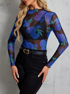 SHEIN Clasi Ladies' Stand Collar Sheer Floral Print Long Sleeve Blouse - Negative Apparel