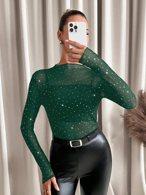 SHEIN Clasi Ladies' Stand Collar Sheer Floral Print Long Sleeve Blouse - Negative Apparel