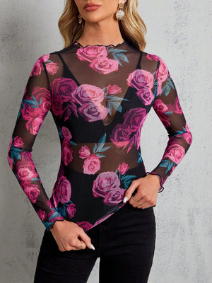 SHEIN Clasi Ladies' Stand Collar Sheer Floral Print Long Sleeve Blouse - Negative Apparel