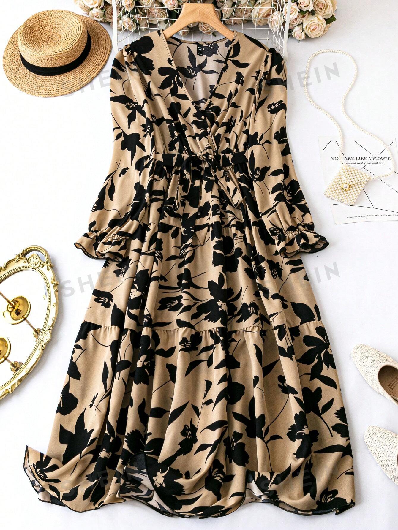 SHEIN Clasi Plus Floral Print Overlap Collar Dress - Negative Apparel