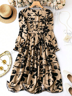 SHEIN Clasi Plus Floral Print Overlap Collar Dress - Negative Apparel