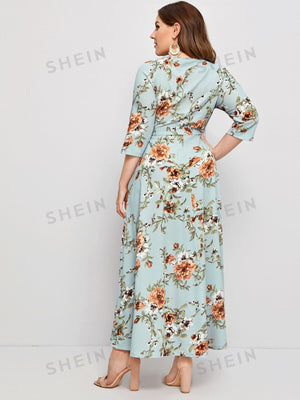 SHEIN Clasi Plus Floral Print Self Belted Dress - Negative Apparel
