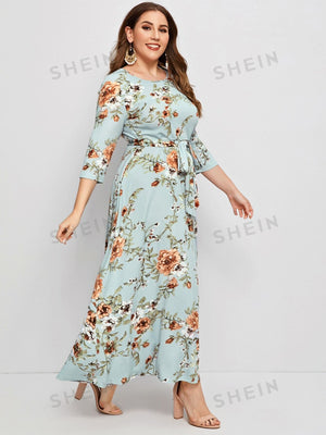 SHEIN Clasi Plus Floral Print Self Belted Dress - Negative Apparel
