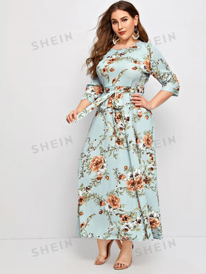 SHEIN Clasi Plus Floral Print Self Belted Dress - Negative Apparel