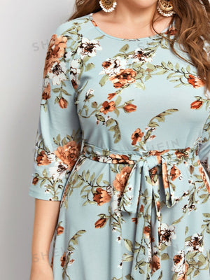 SHEIN Clasi Plus Floral Print Self Belted Dress - Negative Apparel
