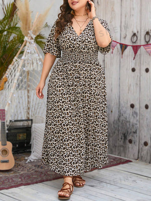 SHEIN Clasi Plus Leopard Print Shirred Waist Dress - Negative Apparel