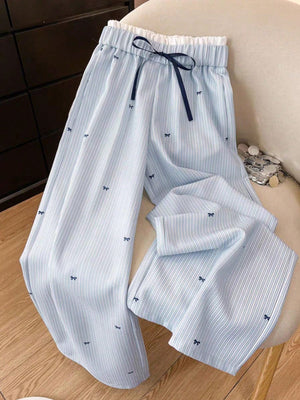 SHEIN Clasi Plus Size Women Casual Bow & Striped Print Color Blocking Loose Paper Bag Waist Wide Leg Pants - Negative Apparel