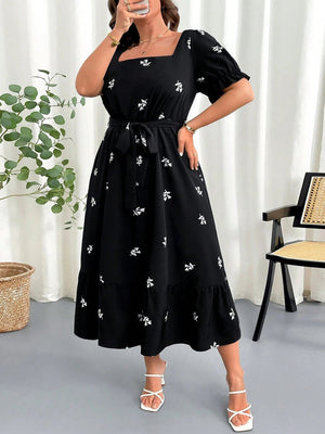 SHEIN Clasi Women Plus Size Summer Floral Print Square Neck Elastic Waist Puff Sleeve Dress - Negative Apparel