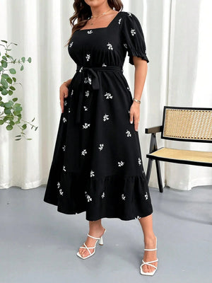 SHEIN Clasi Women Plus Size Summer Floral Print Square Neck Elastic Waist Puff Sleeve Dress - Negative Apparel