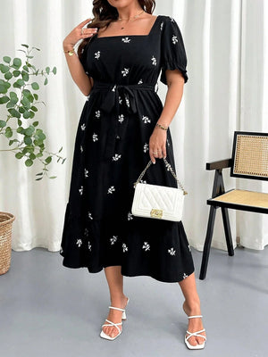 SHEIN Clasi Women Plus Size Summer Floral Print Square Neck Elastic Waist Puff Sleeve Dress - Negative Apparel