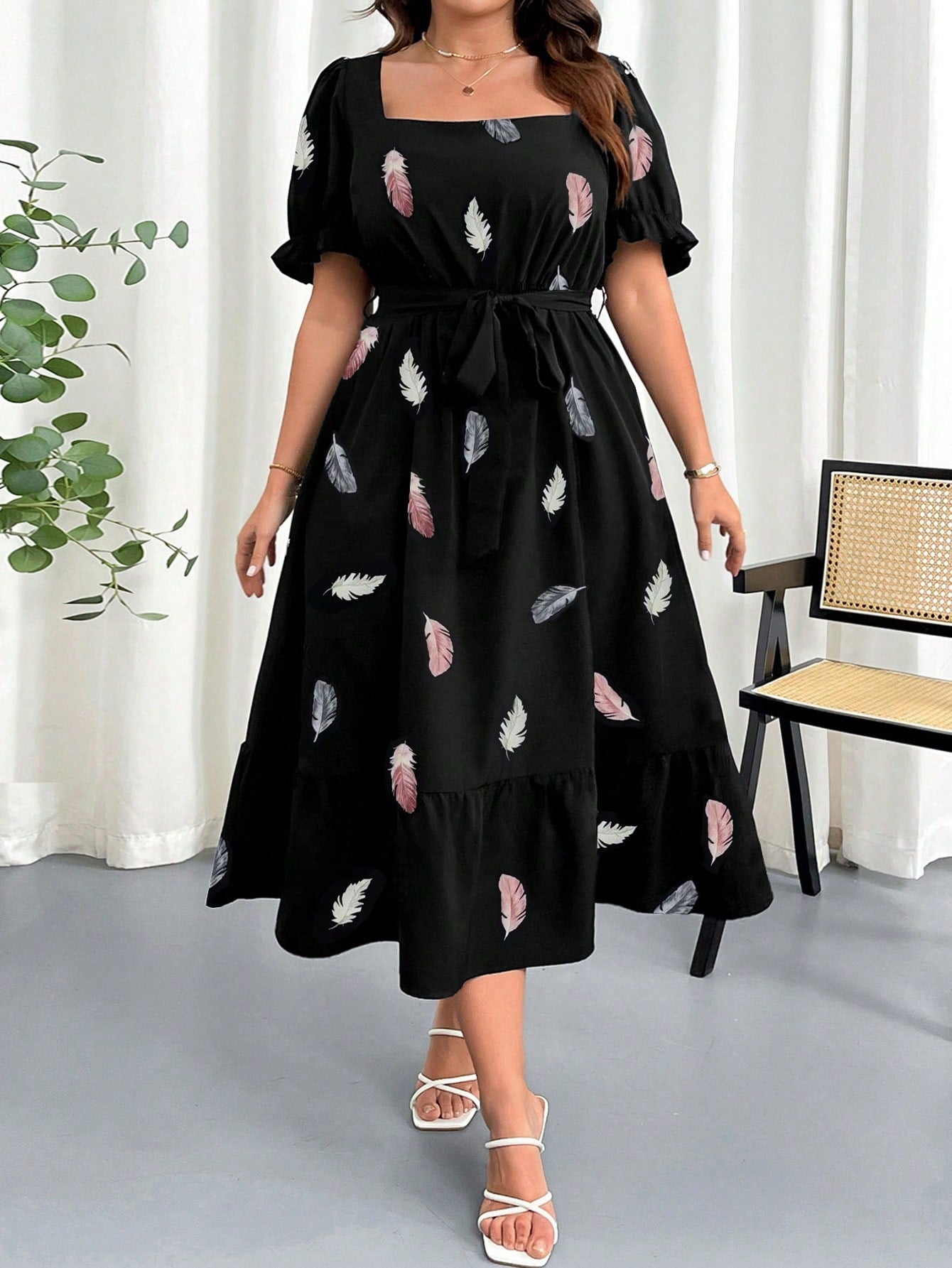 SHEIN Clasi Women Plus Size Summer Floral Print Square Neck Elastic Waist Puff Sleeve Dress - Negative Apparel