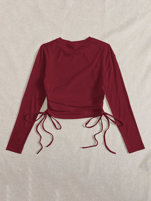 SHEIN Drawstring Ruched Solid Round Neck Crop Tee - Negative Apparel