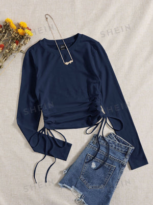 SHEIN Drawstring Ruched Solid Round Neck Crop Tee - Negative Apparel