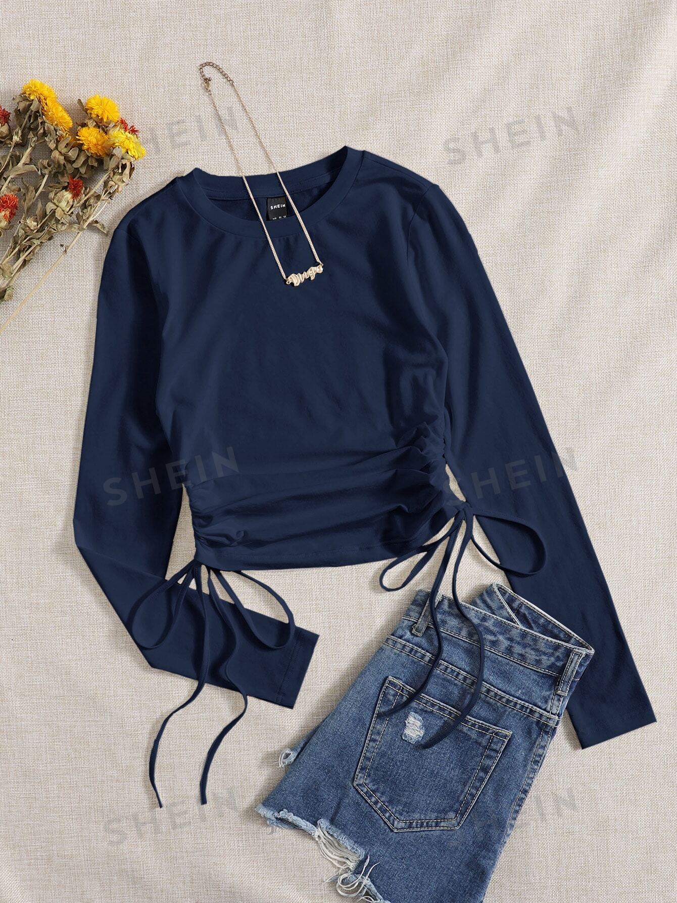 SHEIN Drawstring Ruched Solid Round Neck Crop Tee - Negative Apparel