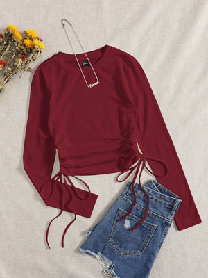 SHEIN Drawstring Ruched Solid Round Neck Crop Tee - Negative Apparel